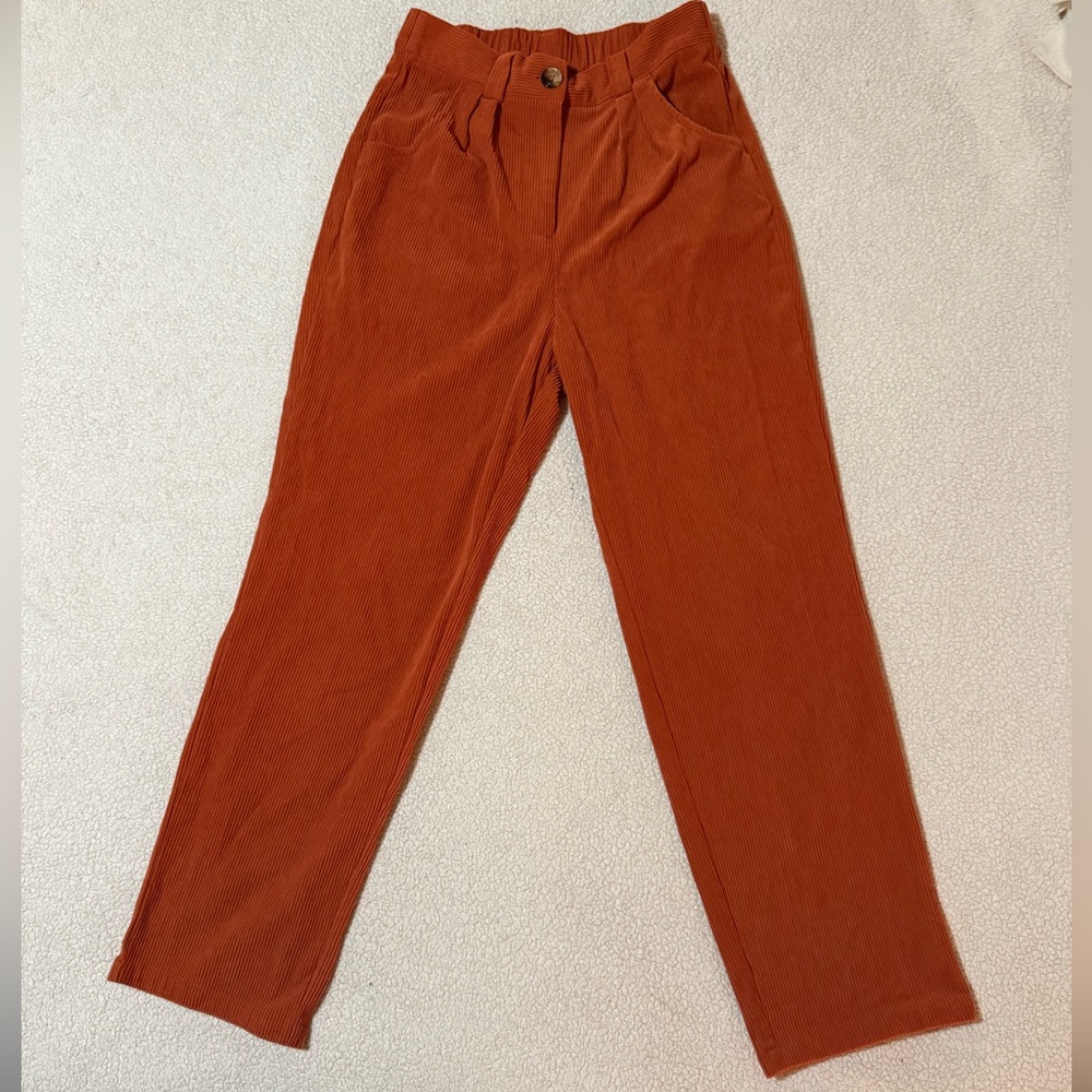 Rust Color High Waisted Cordouroy Trousers With Pockets